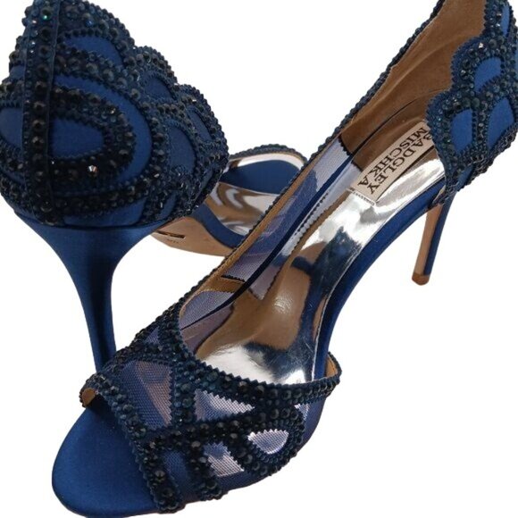NEW Badgley Mischka Marla Blue Satin Beaded‎ Embellished Heels Size 8.5 - Picture 2 of 14